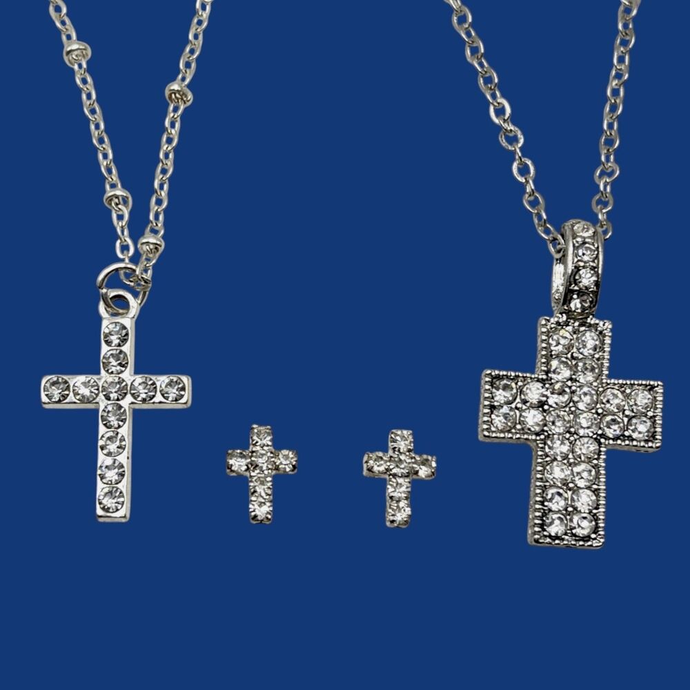Rhinestone Cross Necklace Earrings Lot Silver Tone Christian Religious Jewelry - Picture 2 of 6